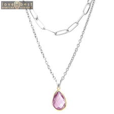 MariaKing Dupla rozsdamentes acél nyaklánc ezüst színben, lila kristály csepp medállal nyaklánc