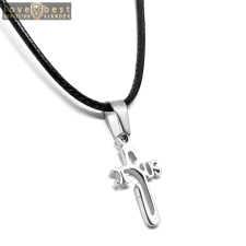 MariaKing Ezüst színű Nemesacél Kereszt/Jézus felirat medál fekete műbőr nyaklánccal nyaklánc