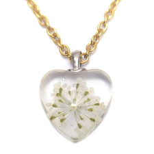 MariaKing Fehér virág szív üvegmedál, választható arany vagy ezüst színű acél lánccal vagy bőr lánccal nyaklánc