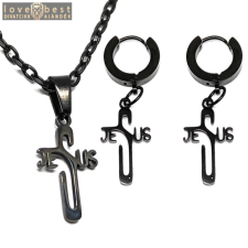 MariaKing Fekete színű Nemesacél Kereszt/Jézus felirat medálos nyaklánc + fülbevaló szett fülbevaló