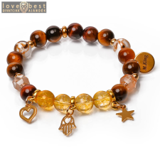 MariaKing Golden Amulet – Citrin és tigrisszem ásvány karkötő Szív, Fatima keze és Csillag charmmal vagy anélkül, dobozban karkötő