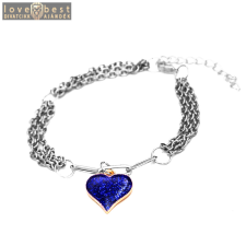 MariaKing Háromsoros divat karkötő kék csillogó szív charmmal, ezüst színű karkötő