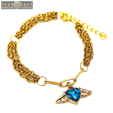 MariaKing Háromsoros divat karkötő kék kristály angyalszárnyas charmmal, arany színű karkötő