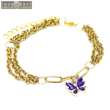 MariaKing Háromsoros divat karkötő lila pillangós charmmal, arany színű karkötő