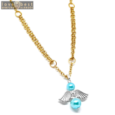 MariaKing Őrangyal medál kék mesterséges gyöngyökkel, arany színű kétsoros nyaklánccal nyaklánc