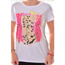 MB Collection női póló - Laza fazonú, divatos pink-bézs színű, párduc minta, arany díszítéssel, virágmotívummal M25-1-250203-17/T013