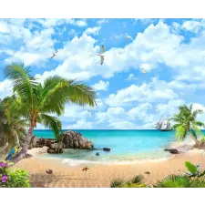  Media "Strand, hajó, sirályok" Vászonfestmény, 105 x 70 cm grafika, keretezett kép