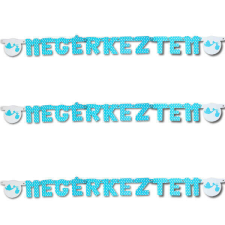 Megérkeztem fűzér dekoráció - kék pöttyös party kellék