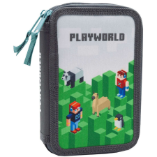 Minecraft mintás tolltartó, 2 emeletes, üres, playworld, zöld-szürke tolltartó