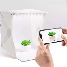 Mini hordozható fotódoboz, fotóstúdió tárgyfotózáshoz LED megvilágítással + 2 db háttérrel háttérkarton