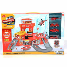 MK Toys Parkolóház piros színben, tűzoltójárművekkel és kiegészítőkkel autópálya és játékautó
