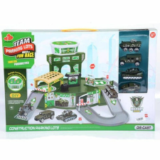 MK Toys Parkolóház zöld színben, katonai járművekkel és kiegészítőkkel autópálya és játékautó