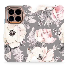 Mobiwear Flip pouzdro pro Xiaomi 15T Pro květy na šedé tok és táska