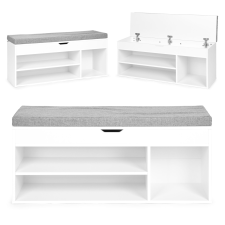 ModernHome Szafka na buty z szarą poduszką i otwieranym siedziskiem 3 półki biała bútor