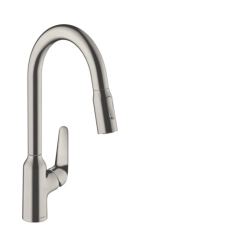 Mosogató csaptelep Hansgrohe Focus kihúzható zuhannyal, 2 áram rozsdamentes acél megjelenés 71820800 csaptelep
