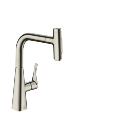  Mosogató csaptelep Hansgrohe Metris kihúzható zuhannyal, 2 áram rozsdamentes acél megjelenés 73817800 csaptelep