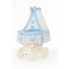  Mózeskosár fonott függönyös kiságy Amelie - fehér + kék ágyneműhuzat babakocsi kiegészítő