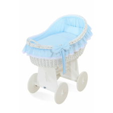  Mózeskosár, fonott kapucnis kiságy Carina - fehér + kék ágyneműhuzat babakocsi kiegészítő
