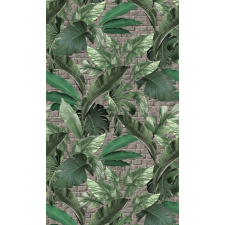  Nagyméretű trópusi levelek téglafal háttéren szürke/szürkésbarna zöld és ezüst tónus falpanel tapéta, díszléc és más dekoráció