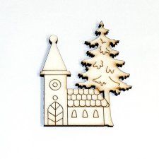 Natúr fa templom fenyővel. Mérete: 5,5x6,9 cm dekorációs kellék