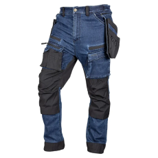 Neo Tools Neo farmer munkásnadrág, Denim, 82% pamut, Oxford szövet, Cordura betétek, cippzáras zsebek, kék-fekete, XS