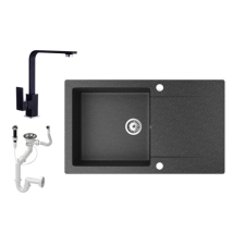 Nero Gránit mosogató NERO Gold + Design csaptelep + dugókiemelő (fekete) mosogatótálca