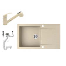 Nero Gránit mosogató NERO Gold + kihúzható zuhanyfejes Shower csaptelep + dugókiemelő (bézs) mosogatótálca