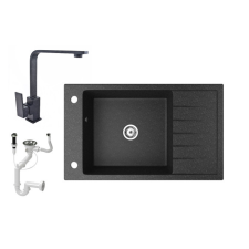 Nero Gránit mosogató NERO Grande + Design csaptelep + dugókiemelő (fekete) mosogatótálca