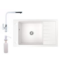 Nero Gránit mosogató NERO Grande + kihúzható Linea csaptelep + adagoló (fehér) mosogatótálca