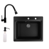 Nero Gránit mosogató NERO Italia + kihúzható Snake csaptelep + adagoló (matt fekete)
