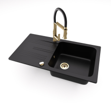 Nero Gránit mosogató NERO Malta + kiemelhető zuhanyfejes Vegas arany/fekete mosogató csaptelep + dugóemelő (matt fekete) mosogatótálca