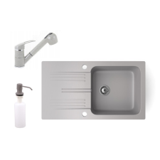 Nero Gránit mosogató NERO Malta + kihúzható zuhanyfejes Shower csaptelep + adagoló (szürke) mosogatótálca