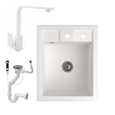 Nero Gránit Mosogató NERO Parma + Design csaptelep + dugóemelő + szifon (fehér) mosogatótálca