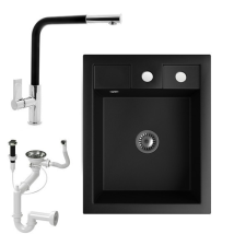 Nero Gránit Mosogató NERO Parma + kihúzható fejes Linea csaptelep + dugókiemelő + szifon (matt fekete) mosogatótálca