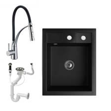 Nero Gránit Mosogató NERO Parma + kihúzható zuhanyfejes króm Duo-Flex csaptelep + dugókiemelő + szifon (matt fekete) mosogatótálca