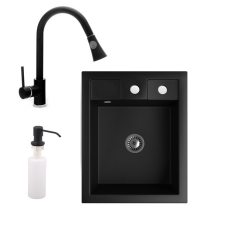 Nero Gránit Mosogató NERO Parma + kihúzható zuhanyfejes Snake csaptelep + adagoló + szifon (matt fekete) mosogatótálca