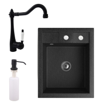 Nero Gránit mosogató NERO Parma + rusztikus csaptelep + adagoló + szifon (fekete) mosogatótálca