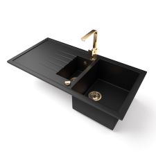 Nero Gránit mosogató - Nero Solarys + Design Gold csaptelep + dugókiemelő (matt fekete) mosogatótálca