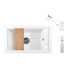 Nero Panama P686-427W Gránit Mosogató + Kihúzható Shower Csap + Adagoló + Deszka + Szifon (fehér) mosogatótálca