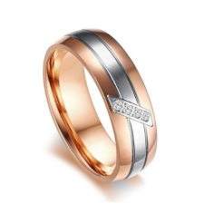 Női jegygyűrű, karikagyűrű ezüst csíkkal, rozsdamentes acél, arany színű, 9-es méret gyűrű
