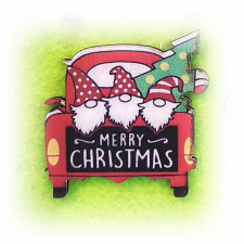 Nyomtatott fa piros autó három manóval, Merry Christmas felirattal. dekorációs kellék
