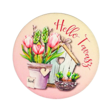 Nyomtatott fa tábla koszorú közép - Hello Tavasz - tulipános 14,8 dekorációs kellék