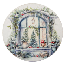  Nyomtatott fa tábla koszorú közép karácsonyi ablakos 11,8cm dekorációs kellék