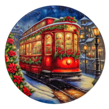  Nyomtatott fa tábla koszorú közép Karácsonyi villamos 14,8cm dekorációs kellék