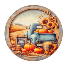  Nyomtatott fa tábla koszorú közép Őszi táj kék teherautóval 11,8cm dekorációs kellék