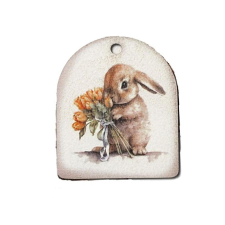  Nyomtatott fa tábla, nyuszika csokorral. Mérete. 48x28 mm dekorációs kellék