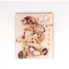 Nyomtatott fa téglalap, nyuszi rollerrel. Mérete: 5x6 cm dekorációs kellék