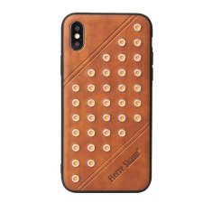 OEM FIERRE SHANN bőrhatású műanyag tok szegecses Apple iPhone X / XS barna tok és táska