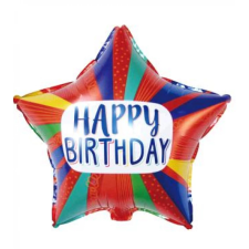 OEM Fólia lufi – Csillag alakú – csíkos mintás – "Happy Birthday!" felirattal – 45cm party kellék