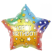 OEM Fólia lufi – Csillag alakú – csillagos mintás – "Happy Birthday!" felirattal – 45cm party kellék